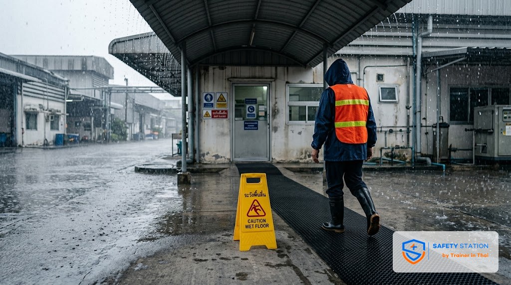 หน้าฝน/น้ำท่วมในที่ทำงาน — ไฟฟ้า พื้นลื่น อพยพ และแผนฉุกเฉิน