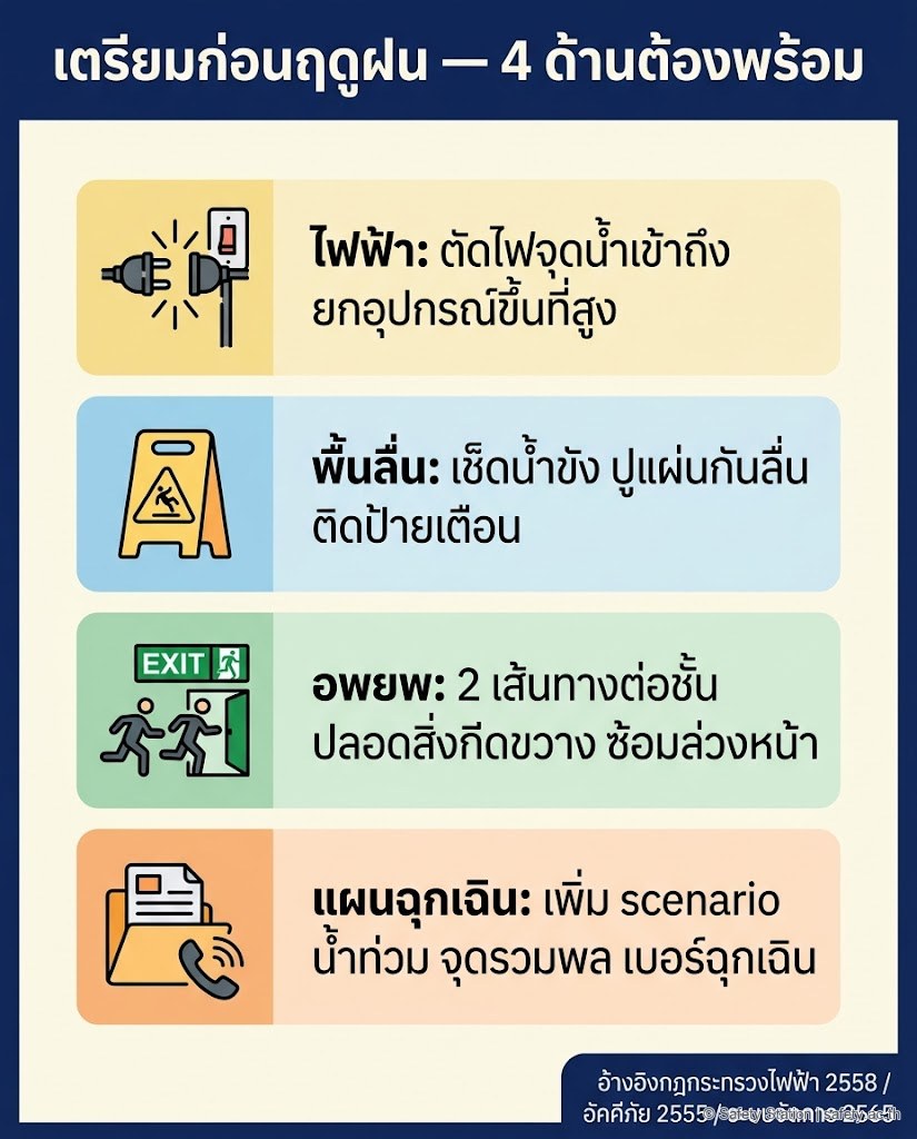 อินโฟกราฟิกแนวตั้งเช็กลิสต์เตรียมหน้าฝน/น้ำท่วม 4 ด้าน — ไฟฟ้า พื้นลื่น การอพยพ และแผนฉุกเฉิน พร้อมไอคอนแต่ละหมวด