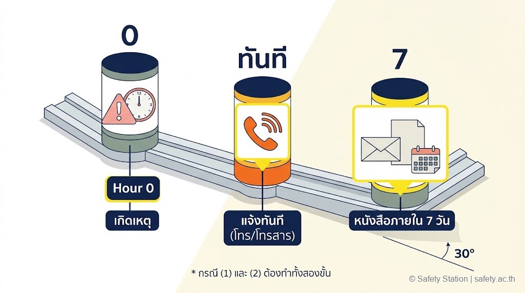 ไอโซเมตริก timeline การแจ้งตามมาตรา 34 — ชั่วโมง 0 เกิดเหตุ, แจ้งทันทีที่ทราบทางโทรศัพท์/โทรสาร, แล้วหนังสือภายใน 7 วัน โดยกรณี (1) และ (2) ต้องทำทั้งสองขั้น