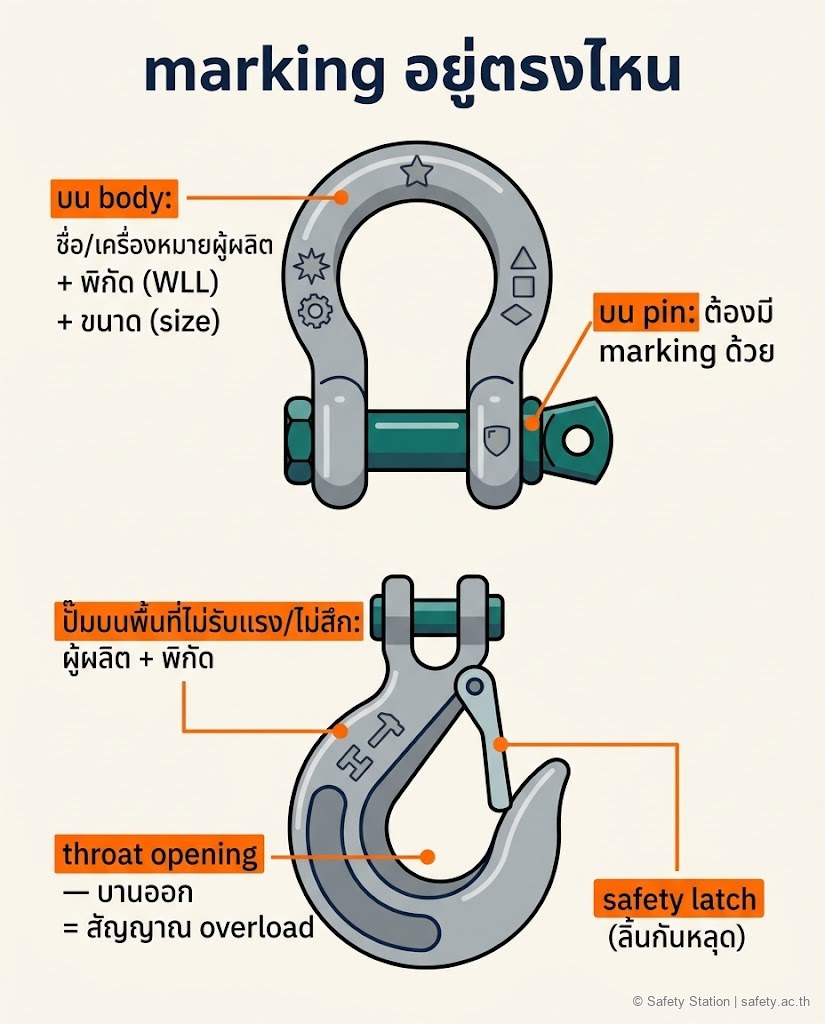 ภาพประกอบตำแหน่ง marking ของอุปกรณ์ rigging — สะเก็นโบว์ต้องมี marking ทั้งบนตัว body (ชื่อผู้ผลิต พิกัด WLL ขนาด) และบน pin ส่วนตะขอต้องปั๊มผู้ผลิตและพิกัดบนพื้นที่ที่ไม่รับแรงและไม่สึก พร้อมชี้ปากตะขอ (throat) ที่บานออกเป็นสัญญาณ overload และ safety latch กันหลุด