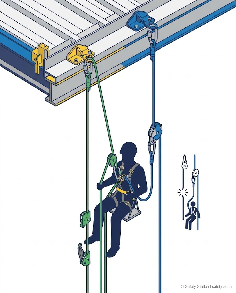 ไดอะแกรมไอโซเมตริกแสดงระบบ 2 เชือกของ rope access มีจุดยึดแยก 2 จุด คือเชือกทำงานและเชือกสำรอง ผู้ปฏิบัติงานยึดกับทั้งสองเส้นพร้อมกันเพื่อความปลอดภัยแบบ redundancy
