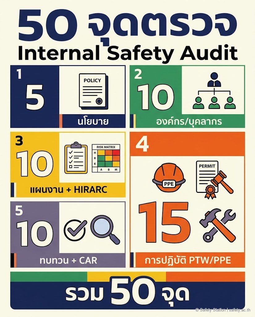 อินโฟกราฟิก 4:5 สรุป 50 จุดตรวจ Internal Safety Audit แบ่ง 5 หมวด — นโยบาย 5 · องค์กร 10 · แผนงาน 10 · การปฏิบัติ 15 · ทบทวน 10