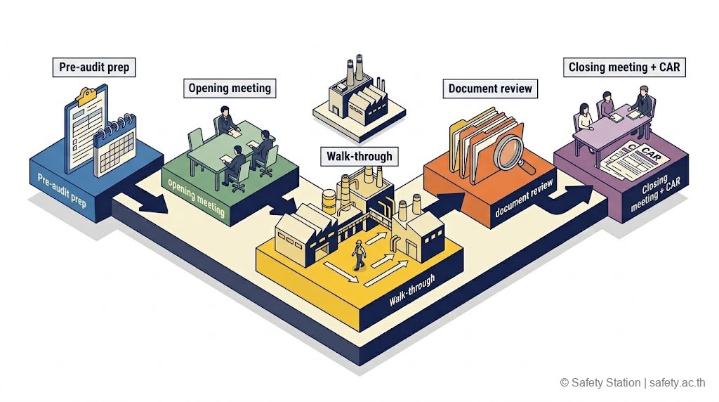 แผนภาพ isometric 5 ขั้นตอน Internal Safety Audit — Pre-audit prep, Opening meeting, Walk-through, Document review, Closing meeting พร้อม CAR