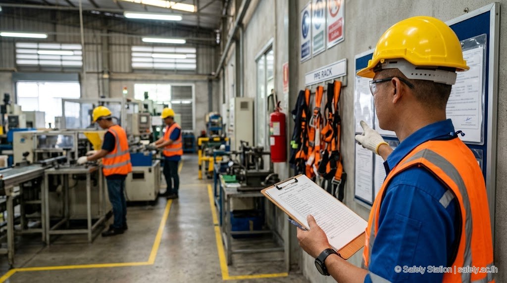 ผู้ตรวจ audit สวมหมวกเหลืองชี้ที่ตู้ permit board ในไลน์การผลิต ตรวจหมวดที่ 4 PTW/PPE/Equipment ของ checklist 50 จุด