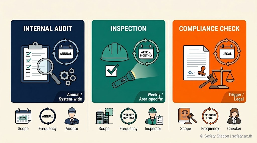 ภาพประกอบ flat เปรียบเทียบ 3 กิจกรรม — Internal Audit (รายปี ทั้งระบบ) vs Inspection (รายสัปดาห์ เฉพาะพื้นที่) vs Compliance Check (ตามกฎหมาย)