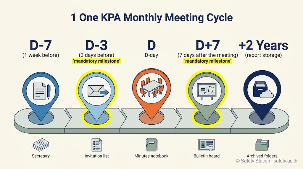 ไอโซเมตริก timeline 1 รอบประชุม คปอ. — D-7 เตรียมเอกสาร, D-3 ส่งวาระบังคับ, D-day ประชุม, D+7 ปิดประกาศมติบังคับ, และเก็บรายงาน 2 ปี