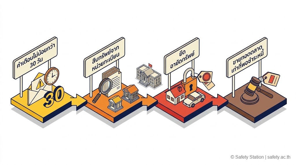 แผนภาพ isometric 4 ขั้นตอนการบังคับชำระตามระเบียบ 2567 — คำเตือนไม่น้อยกว่า 30 วัน สืบทรัพย์จากหน่วยทะเบียน ยึดอายัดทรัพย์ และขายทอดตลาดเท่าที่พอชำระหนี้