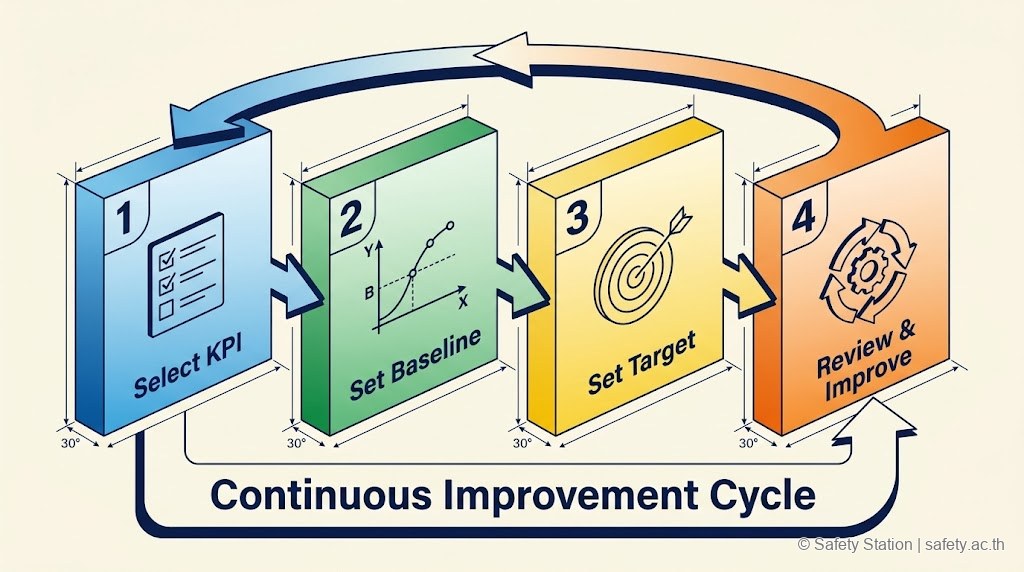 ภาพ isometric Implementation Roadmap 4 ขั้นในการตั้ง Safety KPI — เลือก KPI ตั้ง baseline ตั้งเป้า review/improve เป็นวงรอบ continuous improvement