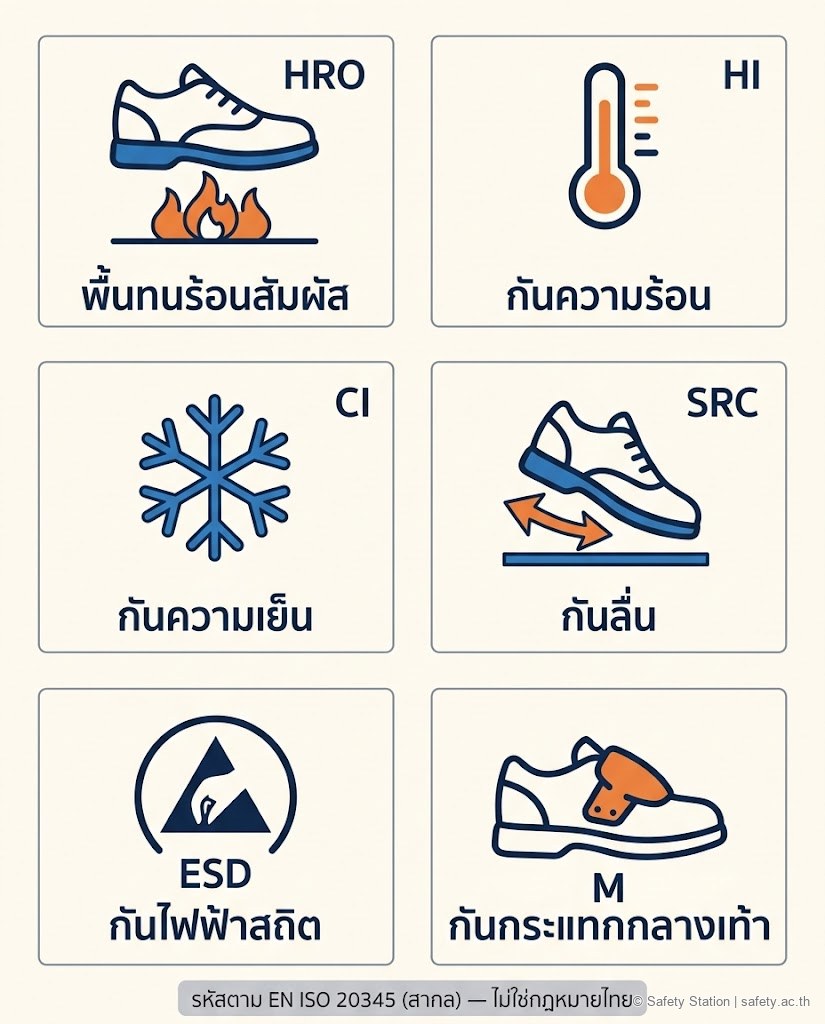 ไอคอนเซ็ต 6 ช่องแสดงรหัสคุณสมบัติเสริมของรองเท้านิรภัย — HRO พื้นทนความร้อนสัมผัส, HI กันความร้อน, CI กันความเย็น, SRC กันลื่น, ESD กันไฟฟ้าสถิต, M กันกระแทกกลางเท้า แต่ละช่องมีไอคอนประกอบ ระบุว่าเป็นรหัสตาม EN ISO 20345 สากล ไม่ใช่กฎหมายไทย