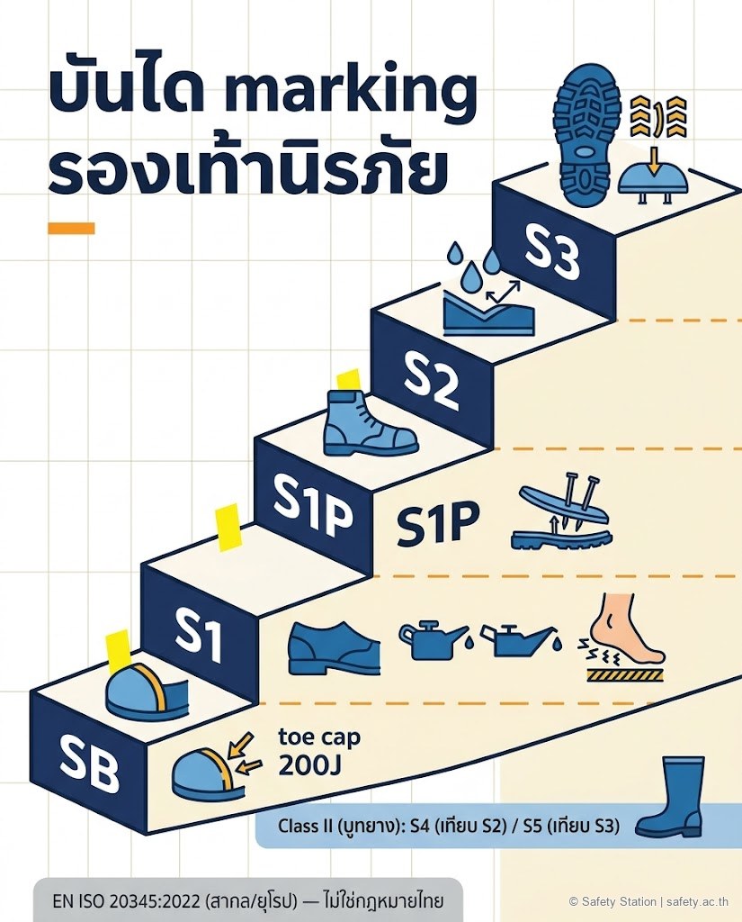 อินโฟกราฟิกบันได marking รองเท้านิรภัยไล่ขึ้นทีละขั้น — SB หัวครอบนิ้วเท้าทน 200 จูล, S1 เพิ่มส้นปิดกันน้ำมันดูดซับแรง, S1P เพิ่มแผ่นกันทิ่มทะลุ, S2 เพิ่มกันน้ำซึมส่วนบน, S3 เพิ่มพื้นดอกยางและกันทิ่ม และแถบ Class II บูทยาง S4 เทียบ S2 S5 เทียบ S3 ระบุว่าเป็น EN ISO 20345:2022 ไม่ใช่กฎหมายไทย