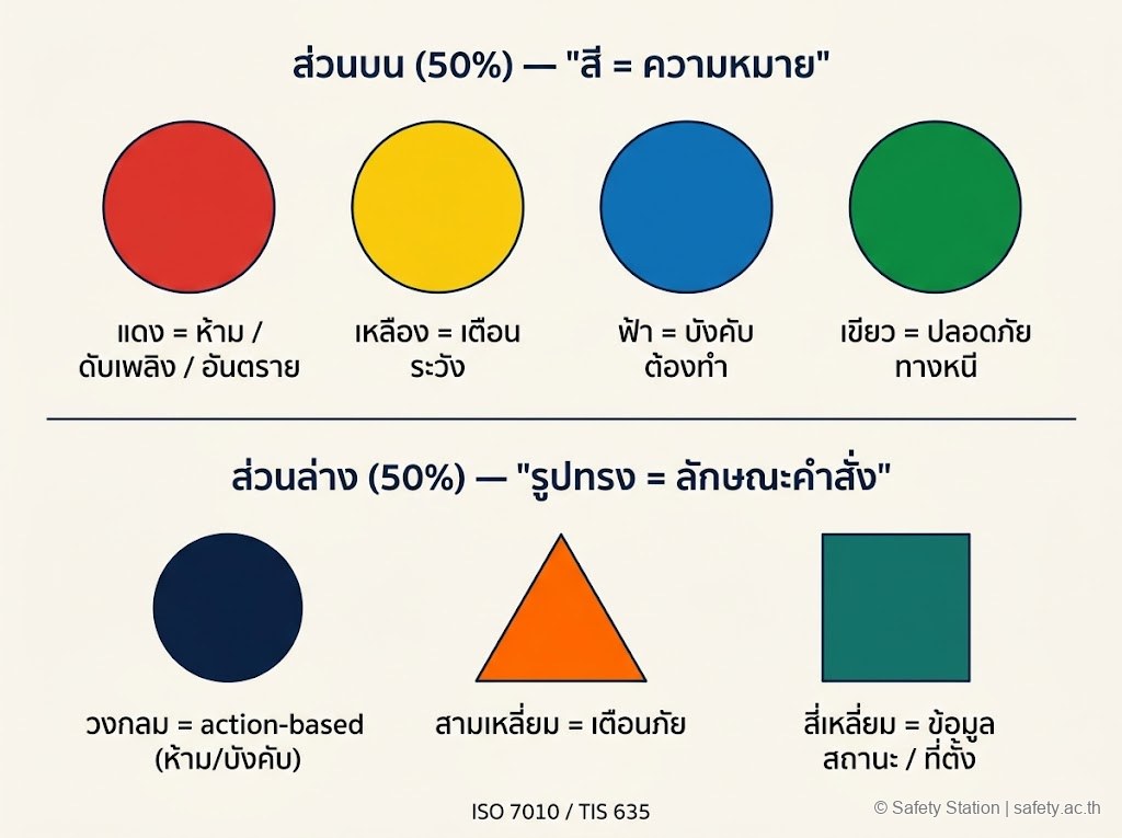 แผนภาพหลักการสี + รูปทรง ของ ISO 7010 — สี (แดง/เหลือง/ฟ้า/เขียว) บอกความหมาย รูปทรง (วงกลม/สามเหลี่ยม/สี่เหลี่ยม) บอกลักษณะคำสั่ง