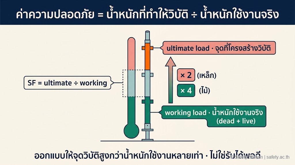 ภาพประกอบ flat อธิบายค่าความปลอดภัยของนั่งร้าน — มาตรวัดน้ำหนัก 3 ระดับ working load (น้ำหนักใช้งานจริง) ถึง ultimate load (จุดวิบัติ) โดยระยะเผื่อคือค่าความปลอดภัย เหล็กคูณ 2 ไม้คูณ 4 พร้อมสมการ SF = ultimate ÷ working