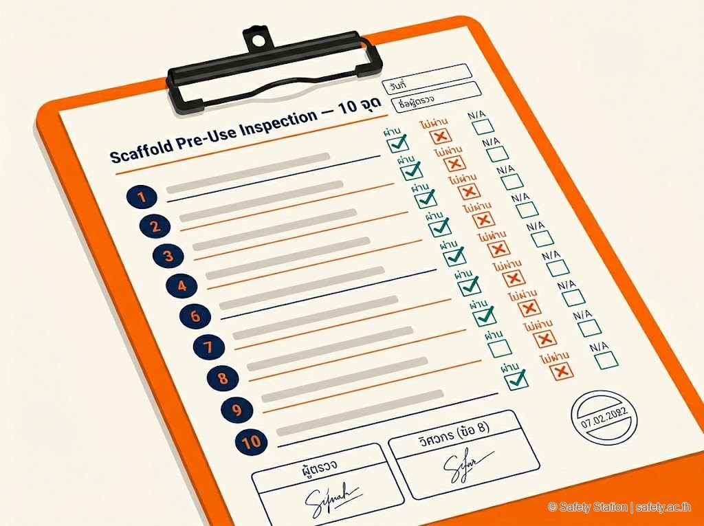 Template printable inspection form 10 จุด ตรวจนั่งร้านก่อนใช้ — มี checkbox ผ่าน/ไม่ผ่าน/N/A สำหรับแต่ละข้อ และช่องลายเซ็นผู้ตรวจกับวิศวกร
