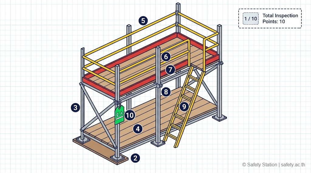 อิโซเมตริก scaffold 2 ชั้น พร้อม annotation 10 จุดตรวจ — เสาตั้ง, base plate, cross-bracing, planks, top rail, mid rail, toe board, clamp, บันได, scaffold tag