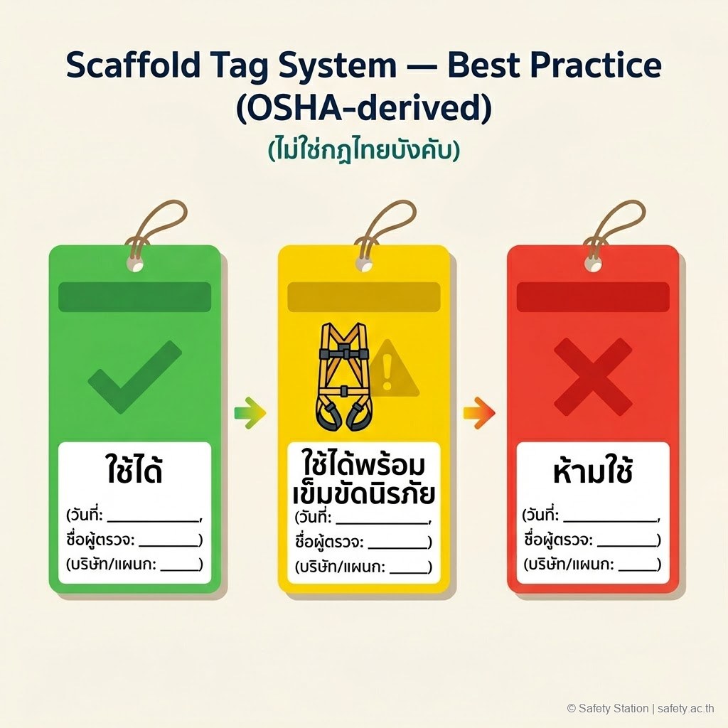 Template Scaffold Tag 3 สี — เขียว 'ใช้ได้', เหลือง 'ใช้ได้พร้อม harness', แดง 'ห้ามใช้' — เป็น best practice ตาม OSHA ไม่ใช่กฎไทยบังคับ
