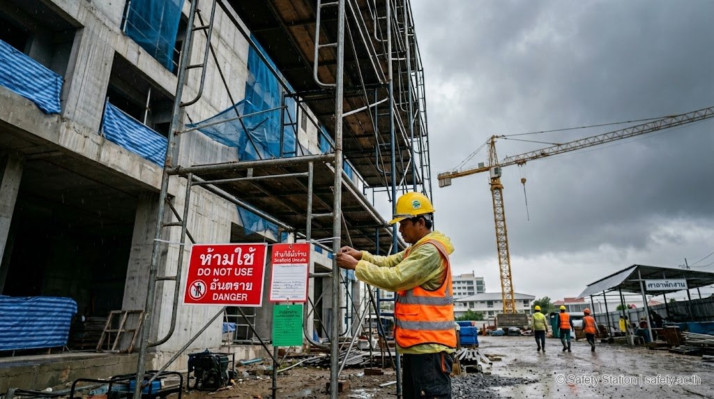 หัวหน้างานสวมหมวกเหลืองและเสื้อกันฝน ติดป้าย 'ห้ามใช้' สีแดงที่ scaffold ระหว่างฝนตก-ลมแรง เพื่อหยุดงานตามกฎข้อ 9 — scaffold tag เปลี่ยนเป็นสีแดง