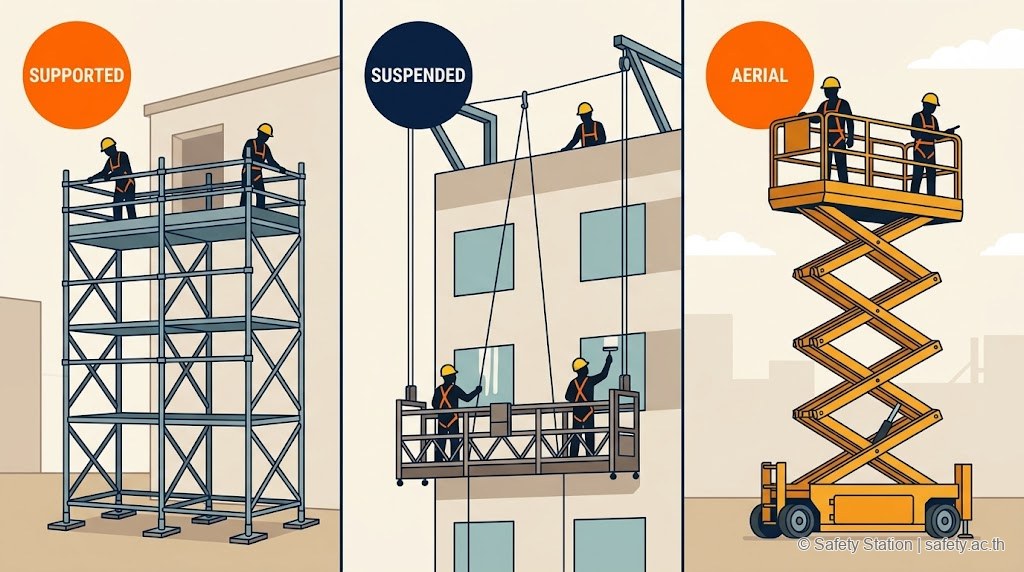 อินโฟกราฟิก flat-style 3 ประเภทนั่งร้าน — Supported (ตั้งบนพื้น), Suspended (ห้อยแขวน), Aerial Lift (กระเช้า) ทุกประเภทมีคนสวมหมวกเหลืองและ Harness สีส้ม