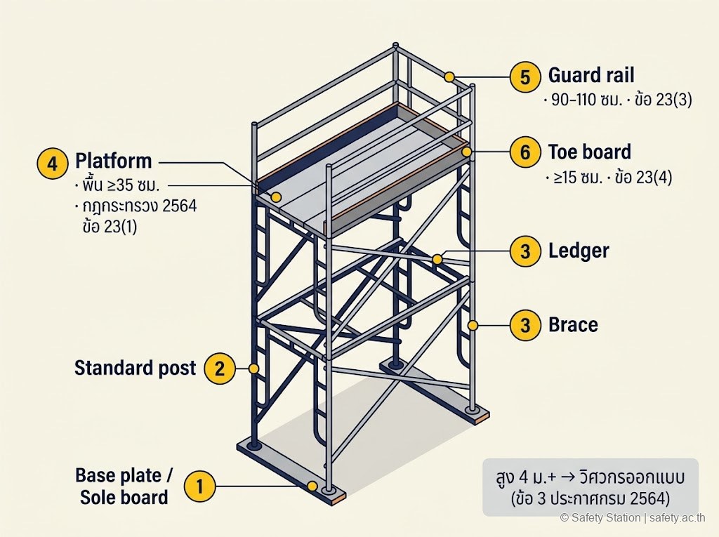 อินโฟกราฟิก isometric anatomy ของ Frame Scaffold พร้อมตัวเลขกฎหมายไทย — Base plate, Standard, Ledger+Brace, Platform 35 ซม., Guard rail 90-110 ซม., Toe board 15 ซม. (กฎกระทรวง 2564 ข้อ 23)