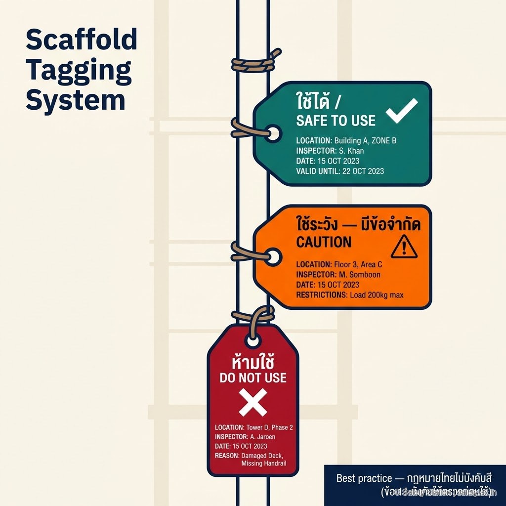 อินโฟกราฟิก flat-style 3 Scaffold Tag — Green ใช้ได้, Yellow ใช้ระวัง, Red ห้ามใช้ ระบบสีตาม industry best practice