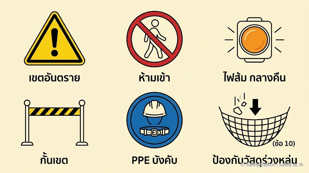 ภาพ icon-set 6 สัญลักษณ์ที่ใช้ในเขตงานนั่งร้านตามกฎกระทรวง 2564 — ป้ายเขตอันตราย, ป้ายห้ามเข้า, สัญญาณไฟส้มกลางคืน, เทปกั้นเขต, PPE บังคับ, ตาข่ายป้องกันวัสดุร่วงหล่น