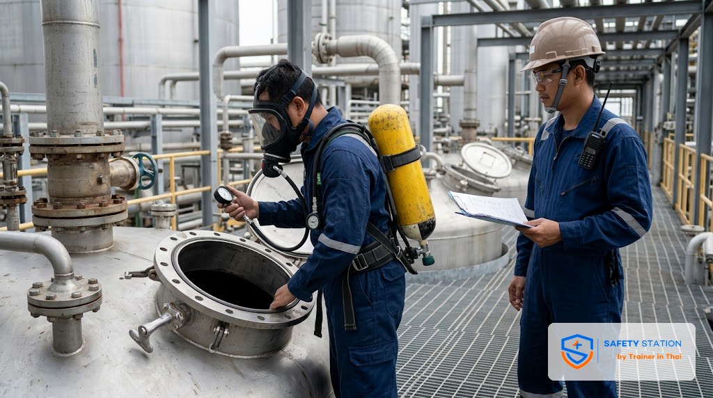 คำนวณเวลาใช้งาน SCBA — สูตร air duration + EOSTI ตาม NFPA 1981 เทียบกฎอับอากาศไทย