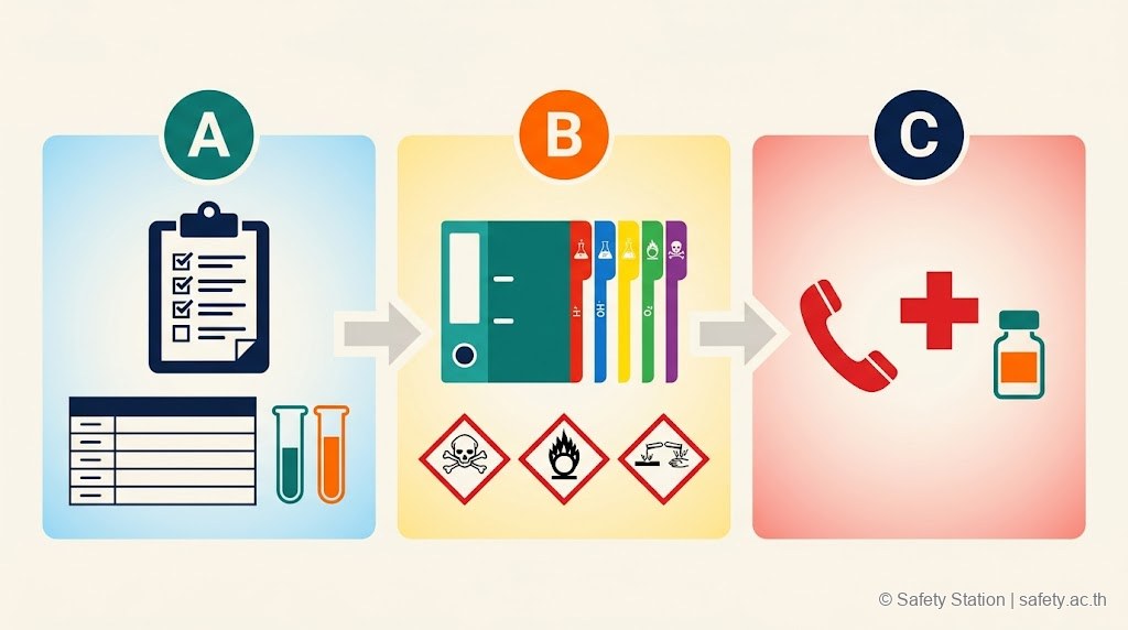 แผนภาพ flat illustration โครงสร้างแฟ้ม SDS 3 section — A บัญชีสารเคมี, B SDS แยกตามหมวด acid/base/solvent/oxidizer/toxic, C ข้อมูลฉุกเฉิน hotline โรงพยาบาล antidote