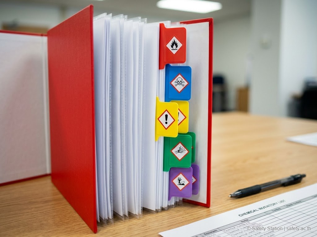 ภาพ close-up ขอบแฟ้ม SDS แสดง tab divider 5 สี (แดง น้ำเงิน เหลือง เขียว ม่วง) พร้อม GHS pictogram sticker บนแต่ละ tab สื่อการแยกหมวดสารเคมีตาม pictogram
