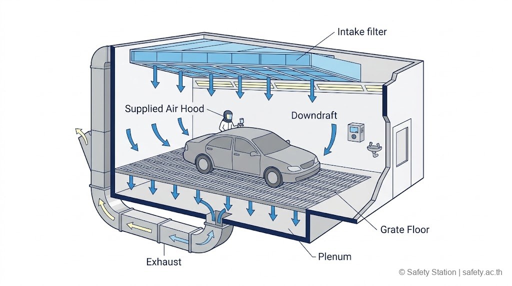 ผัง isometric ของ Downdraft Spray Booth — อากาศไหลจาก Intake filter ที่เพดานลงผ่านห้องพ่นสีที่มีรถยนต์อยู่ตรงกลาง ผ่าน Grate floor ลงสู่ Plenum แล้ว Exhaust ออก · มี LEL meter และ Eye-wash ที่ผนัง