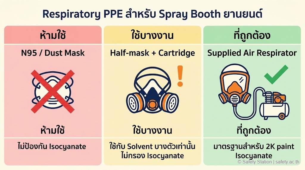 อินโฟกราฟิกเปรียบเทียบ Respiratory PPE 3 แบบสำหรับห้องพ่นสียานยนต์ — N95 ห้ามใช้ · Half-mask Cartridge ใช้บางงานเท่านั้นไม่กรอง Isocyanate · Supplied Air Respirator คือมาตรฐานที่ถูกต้องสำหรับ 2K paint