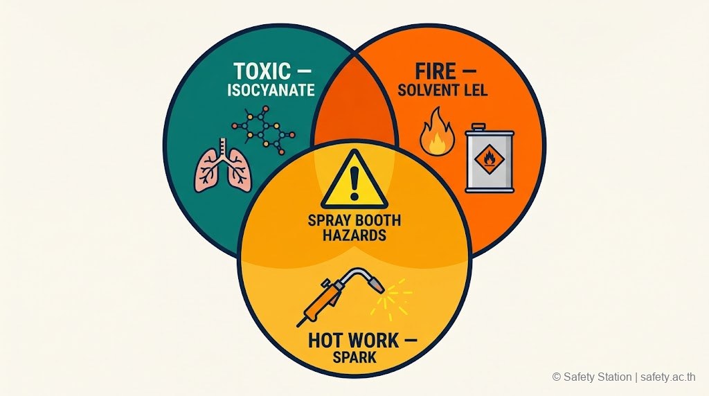 ภาพ Venn diagram 3 วงซ้อนทับ แสดง 3 อันตรายของห้องพ่นสียานยนต์ — Toxic Isocyanate · Fire Solvent LEL · Hot Work Spark · ตรงกลางคือสามเหลี่ยมเตือน Spray Booth Hazards