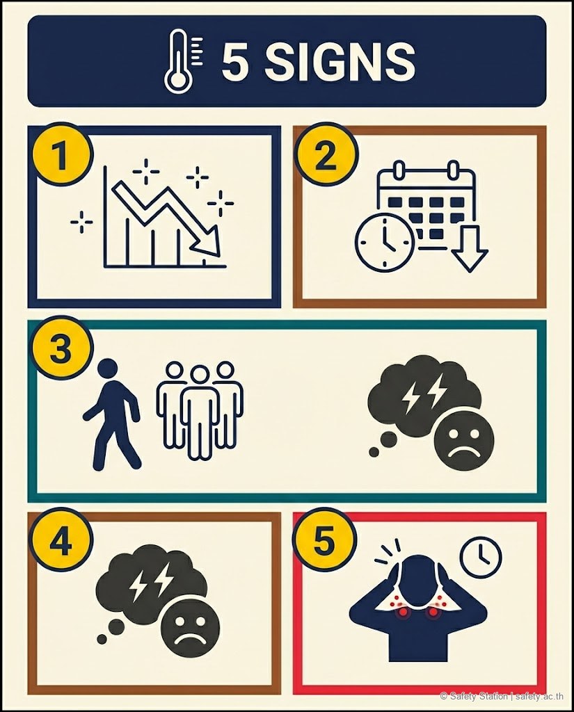 อินโฟกราฟิก icon-set 5 สัญญาณ Burnout ที่หัวหน้างานสังเกตได้ — Performance drop, ขาด/มาสาย, ถอนตัวจากทีม, อารมณ์ลบ/cynicism, อาการทางกาย