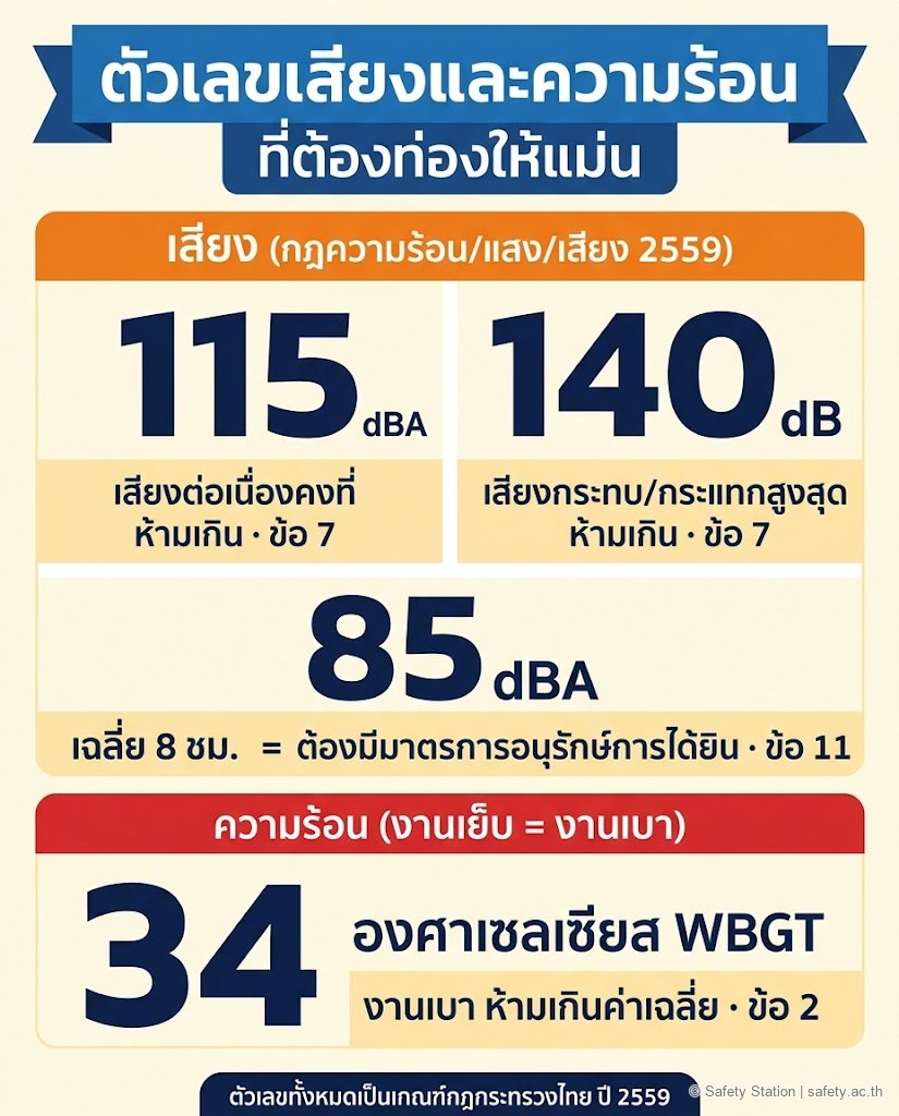 อินโฟกราฟิกตัวเลขเกณฑ์กฎหมายโรงงานสิ่งทอ — เสียง 115 dBA ต่อเนื่อง, 140 dB กระแทกสูงสุด, 85 dBA เฉลี่ย 8 ชม. ต้องอนุรักษ์การได้ยิน, ความร้อนงานเบา WBGT ไม่เกิน 34 องศาเซลเซียส อ้างกฎกระทรวงปี 2559