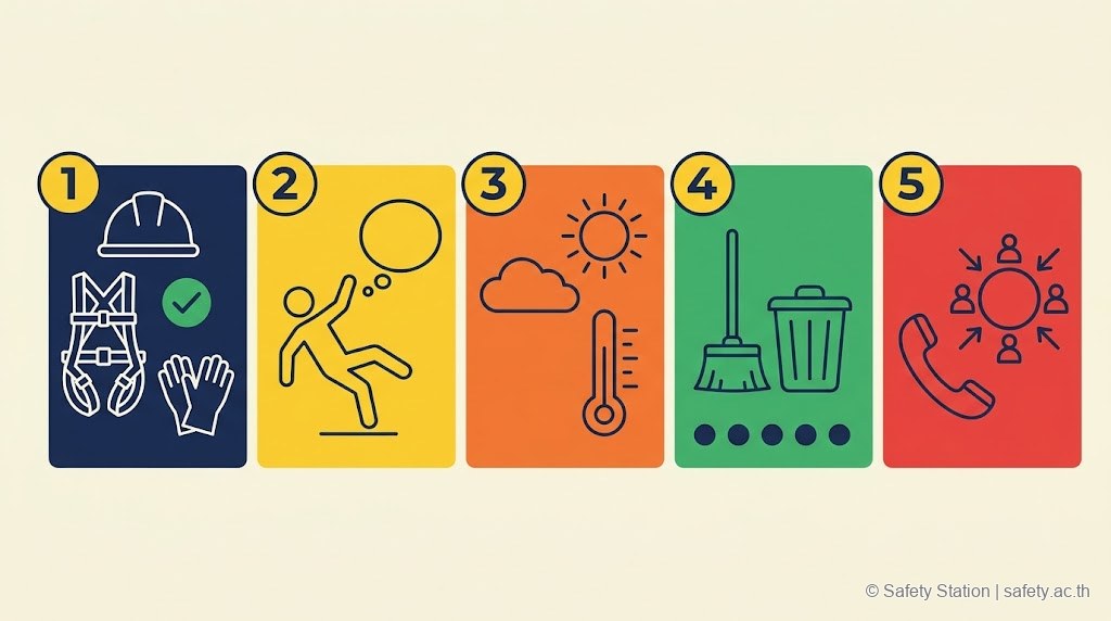 อินโฟกราฟิก icon-set 5 หัวข้อ Toolbox Talk ทั่วไป — PPE check, Near-miss, Weather/Risk, Housekeeping 5ส, Emergency contact