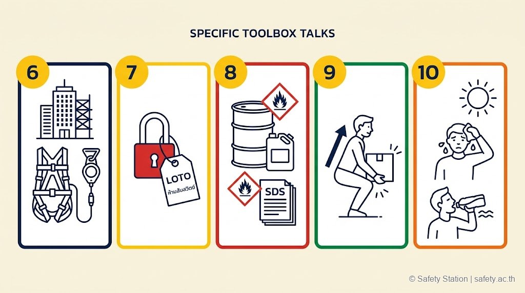 อินโฟกราฟิก icon-set 5 หัวข้อ Toolbox Talk เฉพาะงาน — Working at Height, LOTO, Chemical/SDS, Manual Handling, Heat Stress