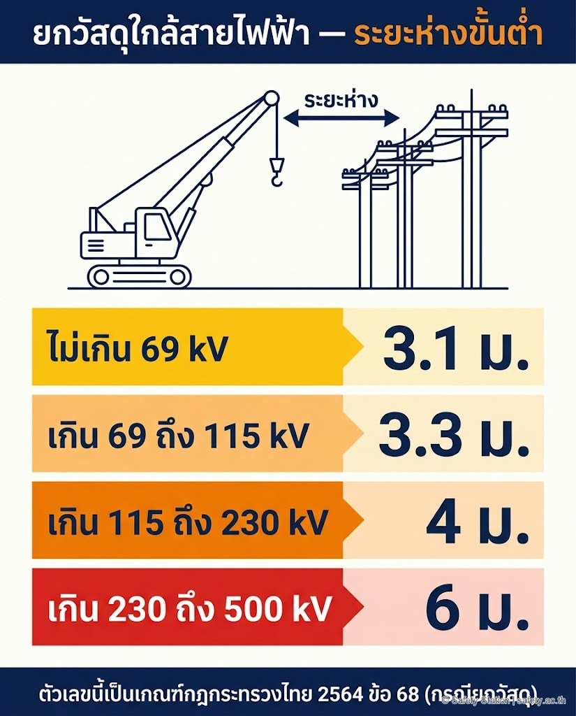 อินโฟกราฟิกระยะห่างขั้นต่ำของปั้นจั่นจากสายไฟฟ้าตามแรงดัน — ไม่เกิน 69 kV ห่าง 3.1 ม., เกิน 69-115 kV ห่าง 3.3 ม., เกิน 115-230 kV ห่าง 4 ม., เกิน 230-500 kV ห่าง 6 ม. ตามกฎกระทรวง 2564 ข้อ 68