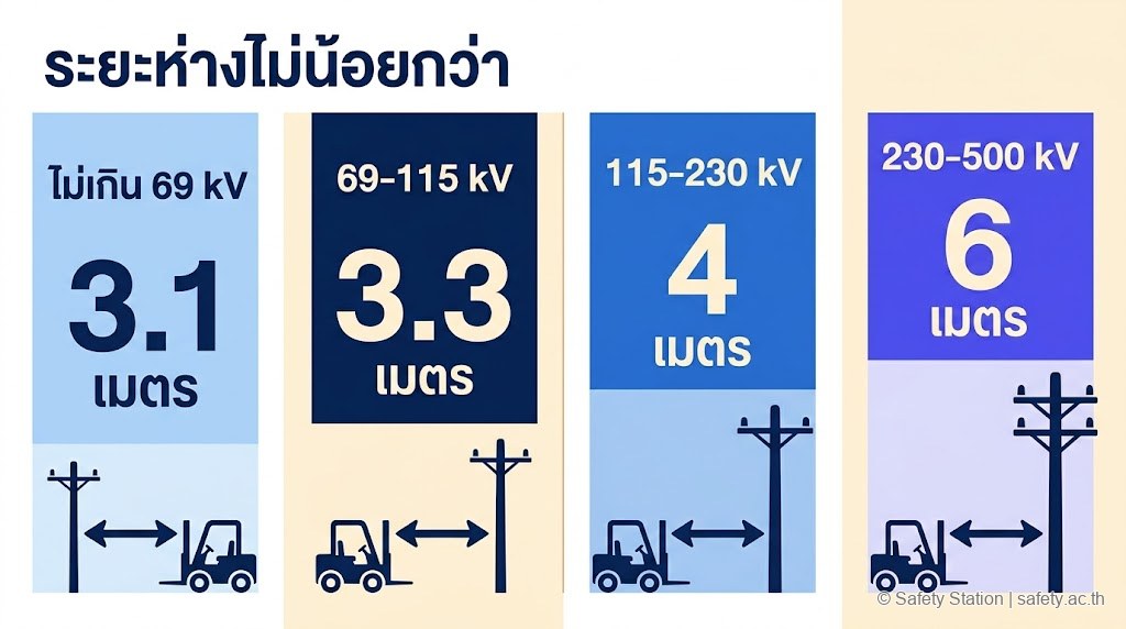 อินโฟกราฟิก 4 ระดับ ระยะห่างจากสายไฟตามแรงดัน — ไม่เกิน 69 kV ห่าง 3.1 ม. · 69-115 kV ห่าง 3.3 ม. · 115-230 kV ห่าง 4 ม. · 230-500 kV ห่าง 6 ม.