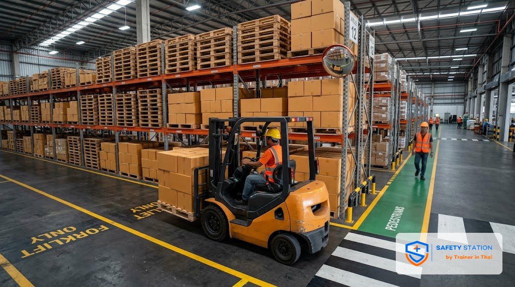 Forklift ในคลังสินค้า — ระยะปลอดภัย คน ของ ทางเดินรถ