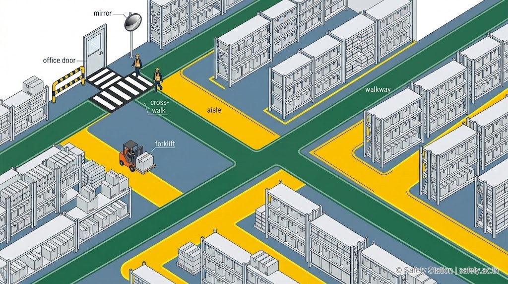 ผัง isometric ของ traffic plan ในคลัง — aisle รถยกขอบเหลือง 3 เส้น + ทางเดินคนเส้นเขียว + ทางม้าลายที่จุดตัด + กระจกนูนที่มุมโค้ง + ราวกั้นที่ปากประตูสำนักงาน