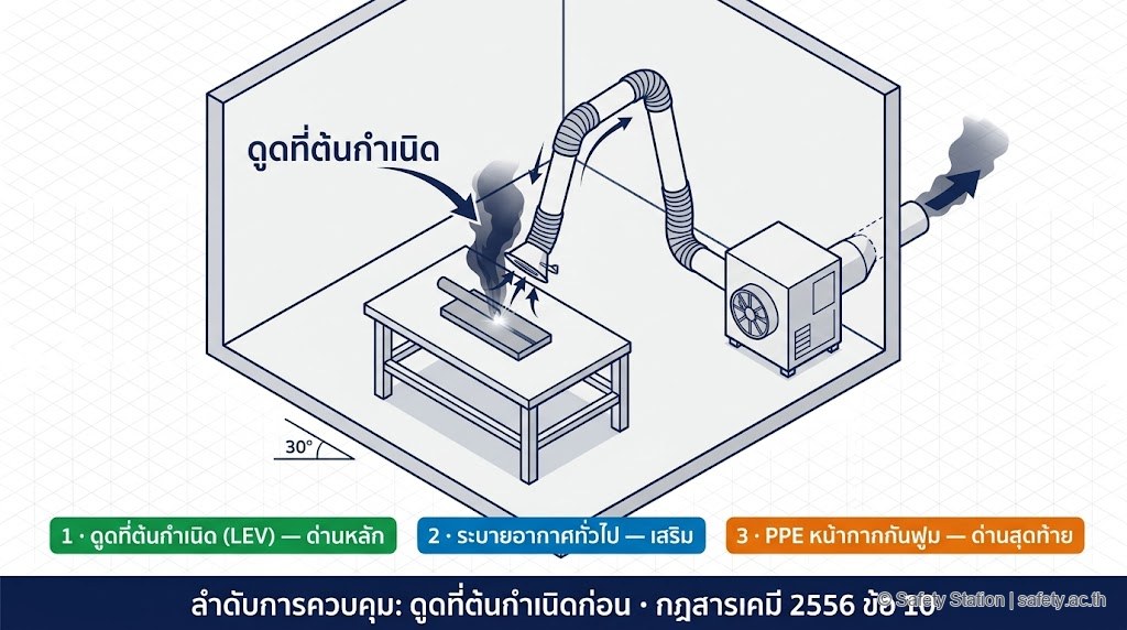 แผนภาพ isometric หลักการระบายอากาศ LEV งานเชื่อม — ท่อดูดฟูม extraction arm ดูดควันที่ต้นกำเนิดใกล้จุดเชื่อม ต่อพัดลม/กรอง ระบายออกนอกอาคาร พร้อมลำดับการควบคุม ดูดที่ต้นกำเนิด > ระบายทั่วไป > PPE อ้างกฎสารเคมี 2556 ข้อ 10