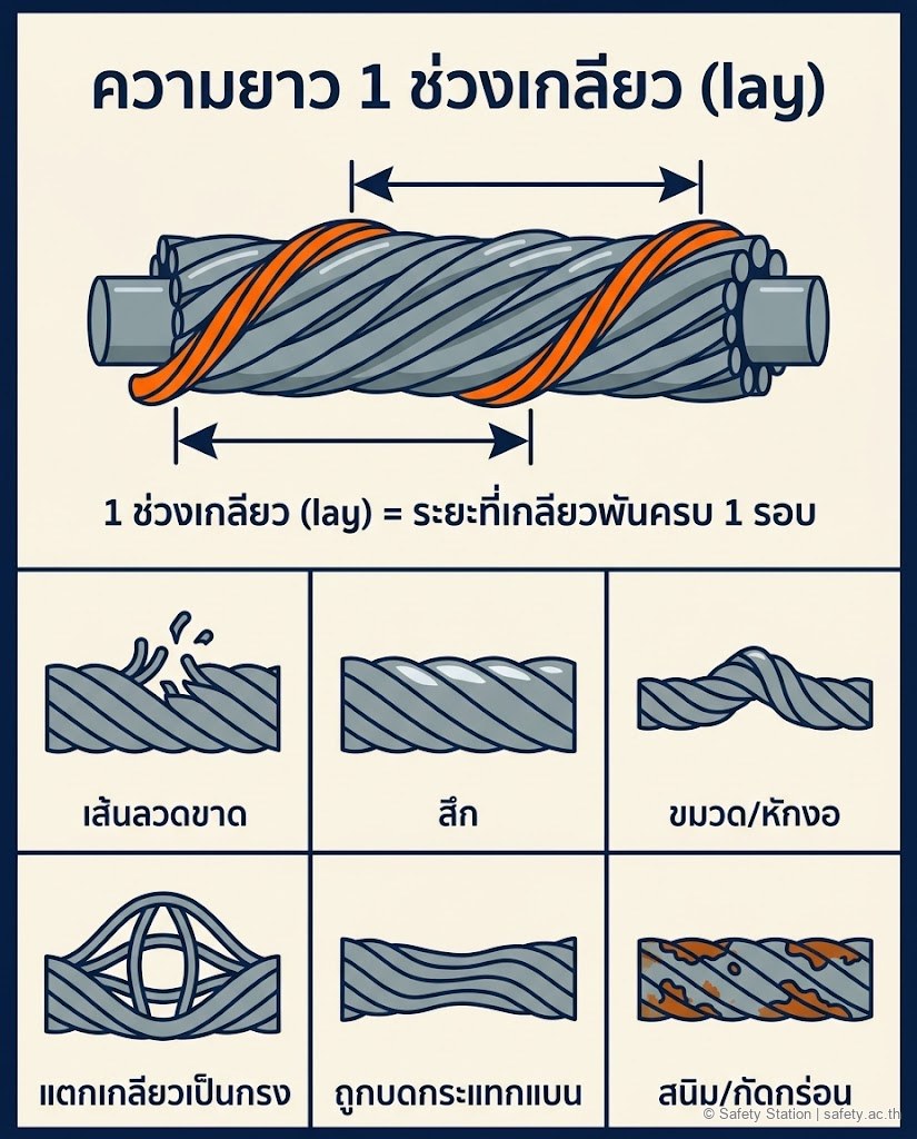 ภาพประกอบอธิบาย 1 ช่วงเกลียว (lay) ของลวดสลิงคือระยะที่เกลียวพันครบหนึ่งรอบ และตารางลักษณะชำรุด 6 แบบที่ต้องปลดระวาง ได้แก่ เส้นลวดขาด สึก ขมวดหักงอ แตกเกลียวเป็นกรง ถูกบดกระแทกแบน และสนิมกัดกร่อน
