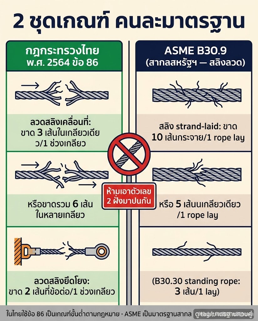 อินโฟกราฟิกเปรียบเทียบ 2 ชุดเกณฑ์เส้นลวดขาดแบบแยกคอลัมน์ — ฝั่งกฎกระทรวงไทย 2564 ข้อ 86 (ลวดสลิงเคลื่อนที่ขาด 3 เส้นในเกลียวเดียวหรือรวม 6 เส้นหลายเกลียว ลวดสลิงยึดโยงขาด 2 เส้นที่ข้อต่อ) กับฝั่ง ASME B30.9 สากล (สลิง strand-laid ขาด 10 เส้นกระจายหรือ 5 เส้นในเกลียวเดียวต่อ 1 lay) พร้อมเตือนห้ามนำตัวเลขสองฝั่งมาปนกัน