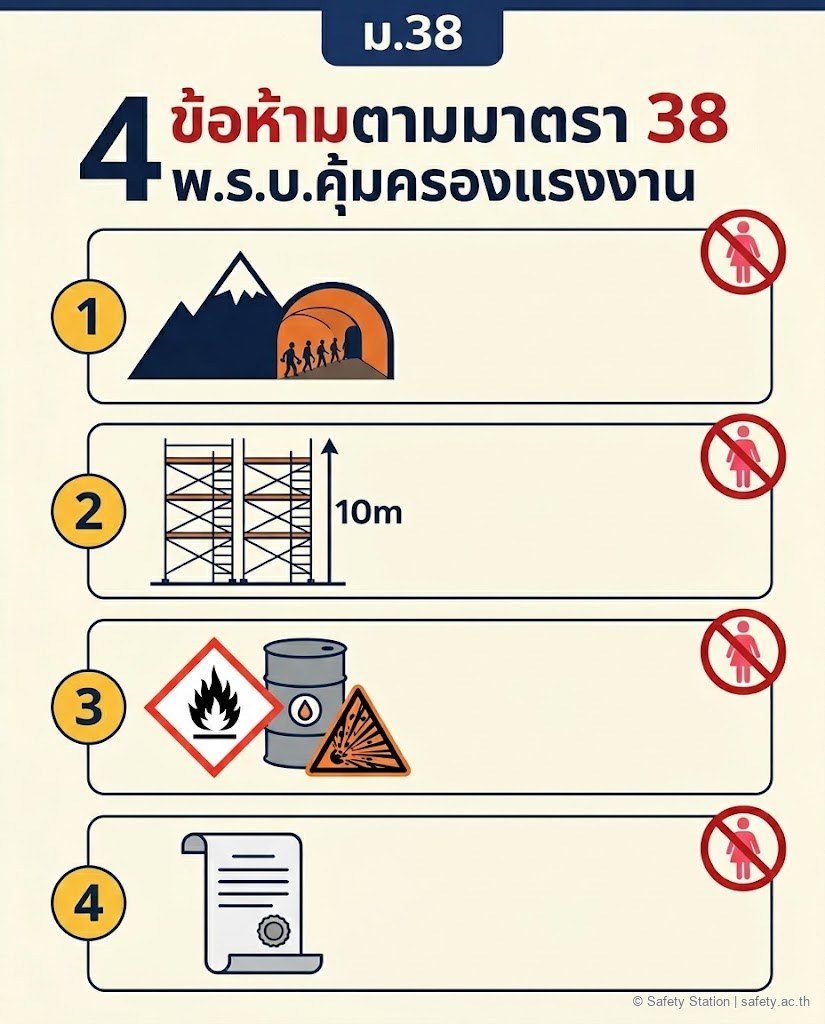 อินโฟกราฟิก 4 ข้อห้ามตามมาตรา 38 พ.ร.บ.คุ้มครองแรงงาน — งานเหมืองใต้ดิน นั่งร้านเกิน 10 เมตร วัตถุระเบิด/ไวไฟ และงานอื่นตามกฎกระทรวง