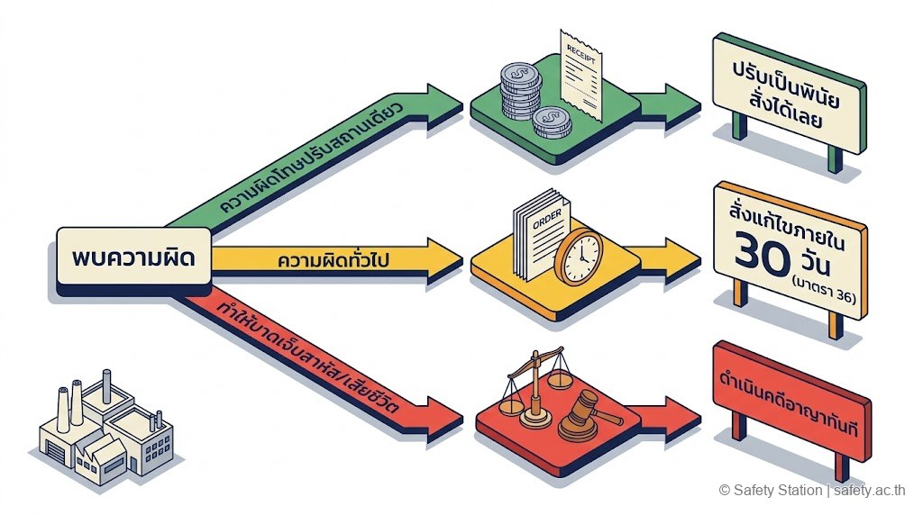 แผนภาพ isometric แสดง 3 เส้นทางหลังพบความผิด — ปรับเป็นพินัยสั่งได้เลย, สั่งแก้ไขภายใน 30 วันตามมาตรา 36, และดำเนินคดีอาญาทันทีกรณีบาดเจ็บสาหัสหรือเสียชีวิต