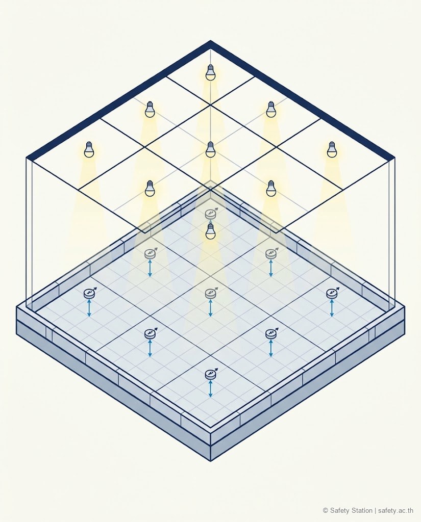 ภาพไดอะแกรมไอโซเมตริกผังพื้นห้องที่แบ่งเป็นตารางเท่า ๆ กัน มีจุดวัดแสงตรงกลางแต่ละช่องที่ความสูงเท่ากัน และหลอดไฟบนเพดานปล่อยแสงลงมา แสดงวิธีวัดความสว่างเฉลี่ย