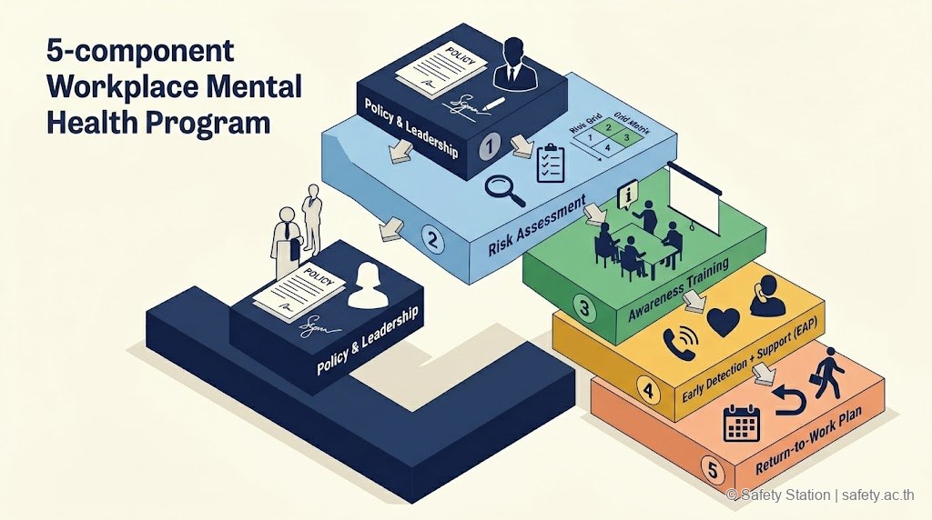 ไอโซเมตริก 5 องค์ประกอบ Workplace Mental Health Program — Policy & Leadership, Risk Assessment, Awareness Training, Early Detection + EAP, Return-to-Work Plan เรียงเป็นบันไดเชื่อมลูกศร