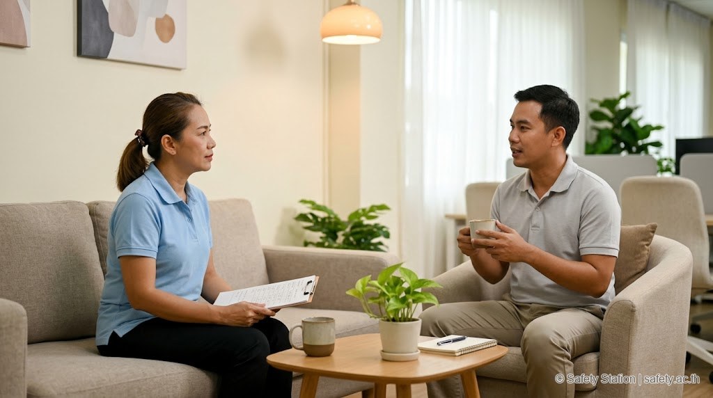 ฉาก 1-on-1 check-in ระหว่างหัวหน้าหญิงไทยกับลูกน้องชายในมุมพักของออฟฟิศไทย — นั่งบนโซฟามุม 90 องศา ผ่อนคลาย มี mug กาแฟ ต้นไม้ และแสงธรรมชาติ บรรยากาศ supportive ปลอดภัย ไม่ใช่ clinical