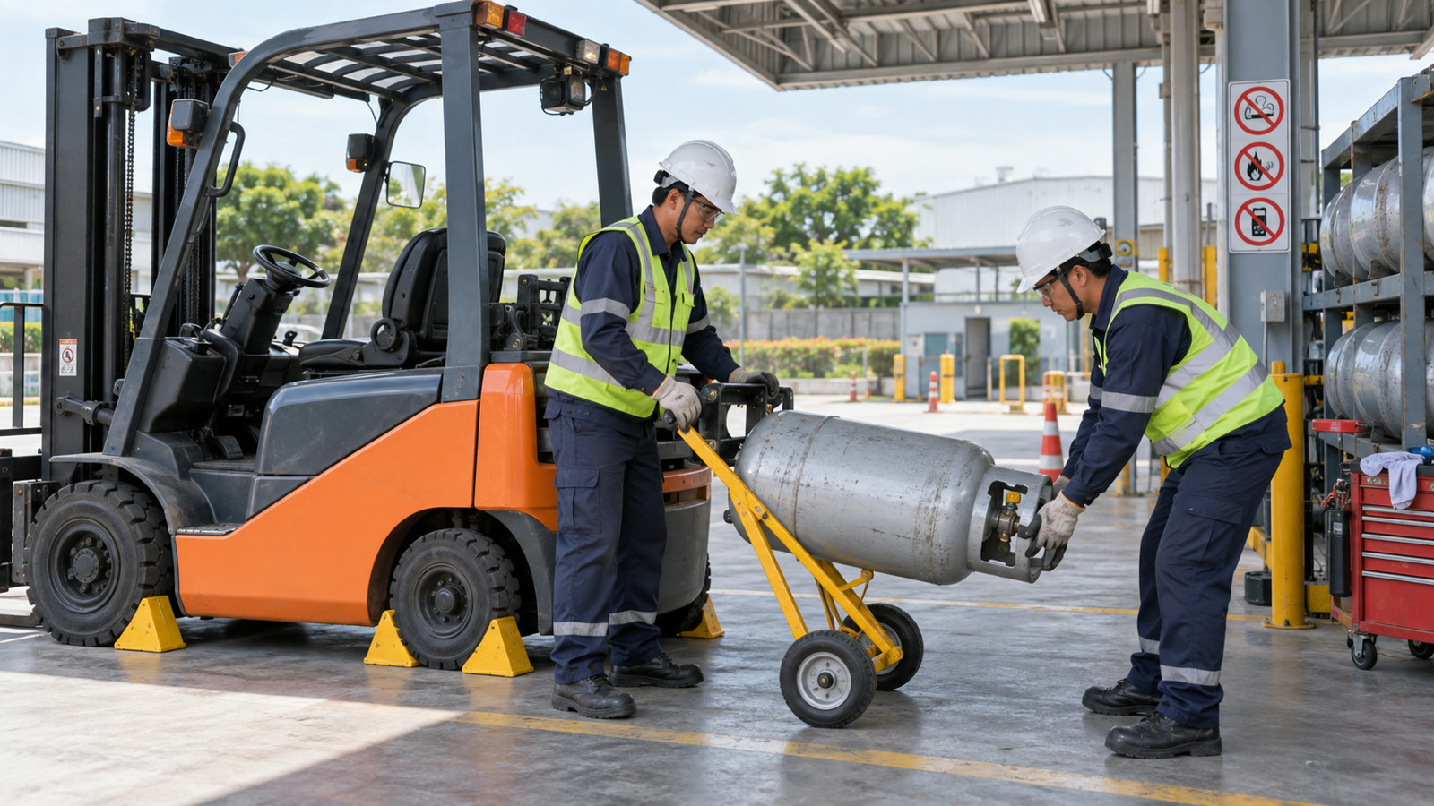 รถยกใช้ LPG เปลี่ยนถัง ตรวจรั่ว และจัดเก็บอย่างปลอดภัย